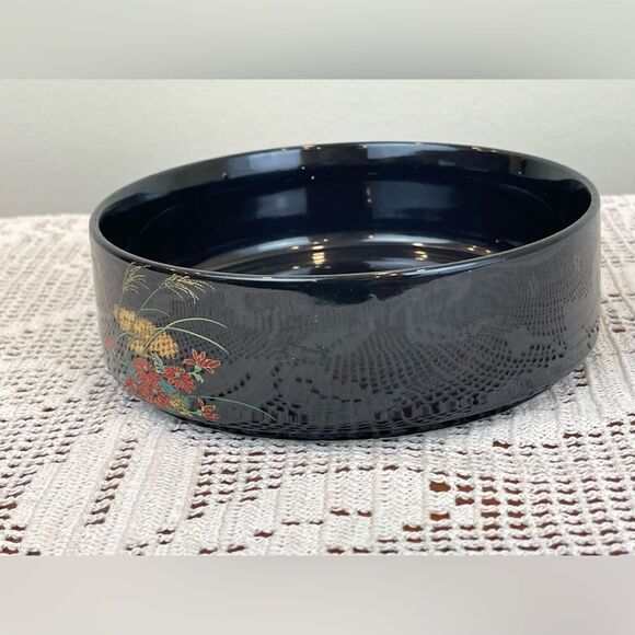 Vintage NAGONA JAPAN black and floral short round vase || Vintage trinket || - Picture 2 of 8